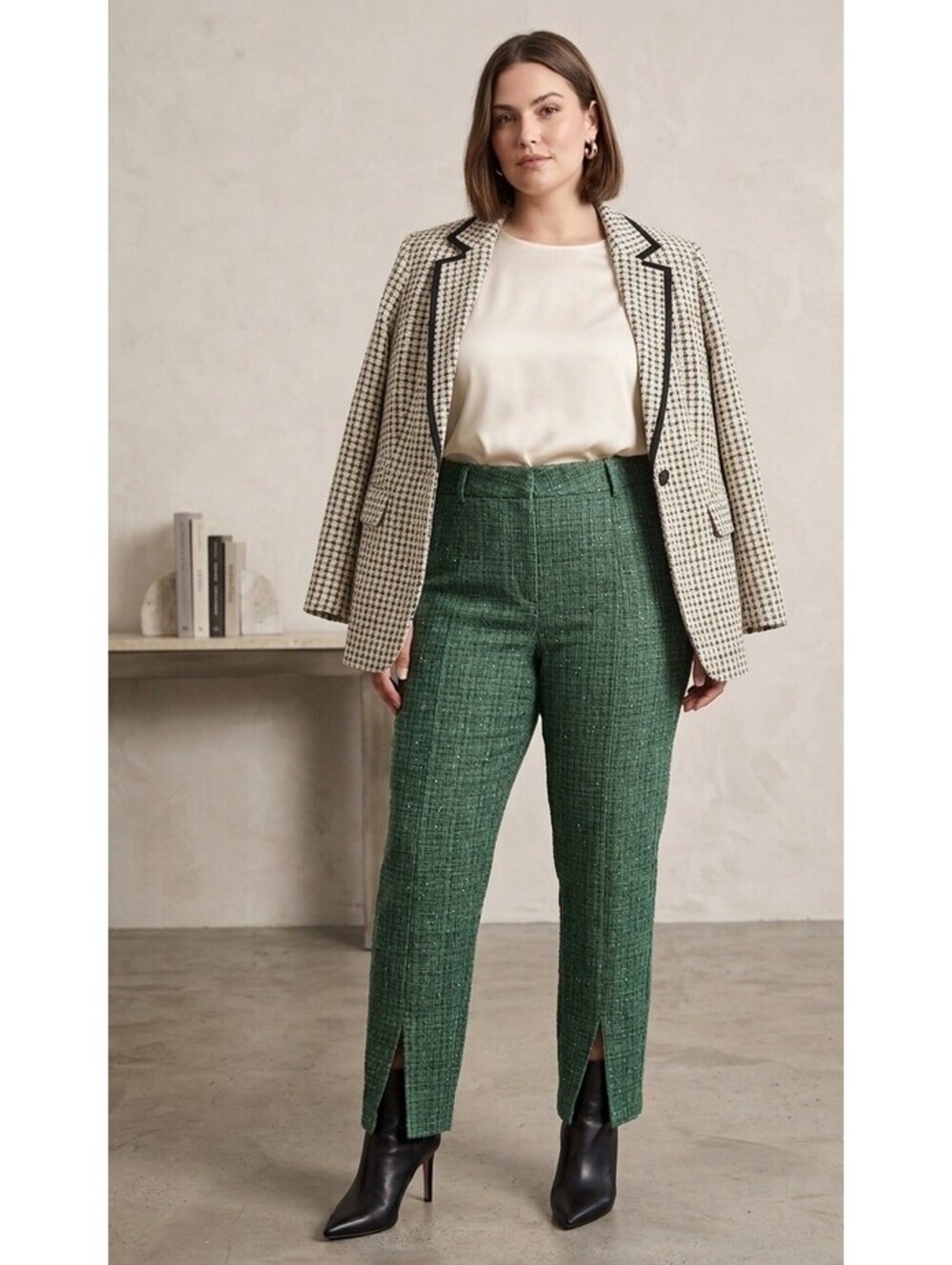 Tailored Straight Pleated Front Shimmer Trouser w/ Front Ankle Slits Women’s 1X